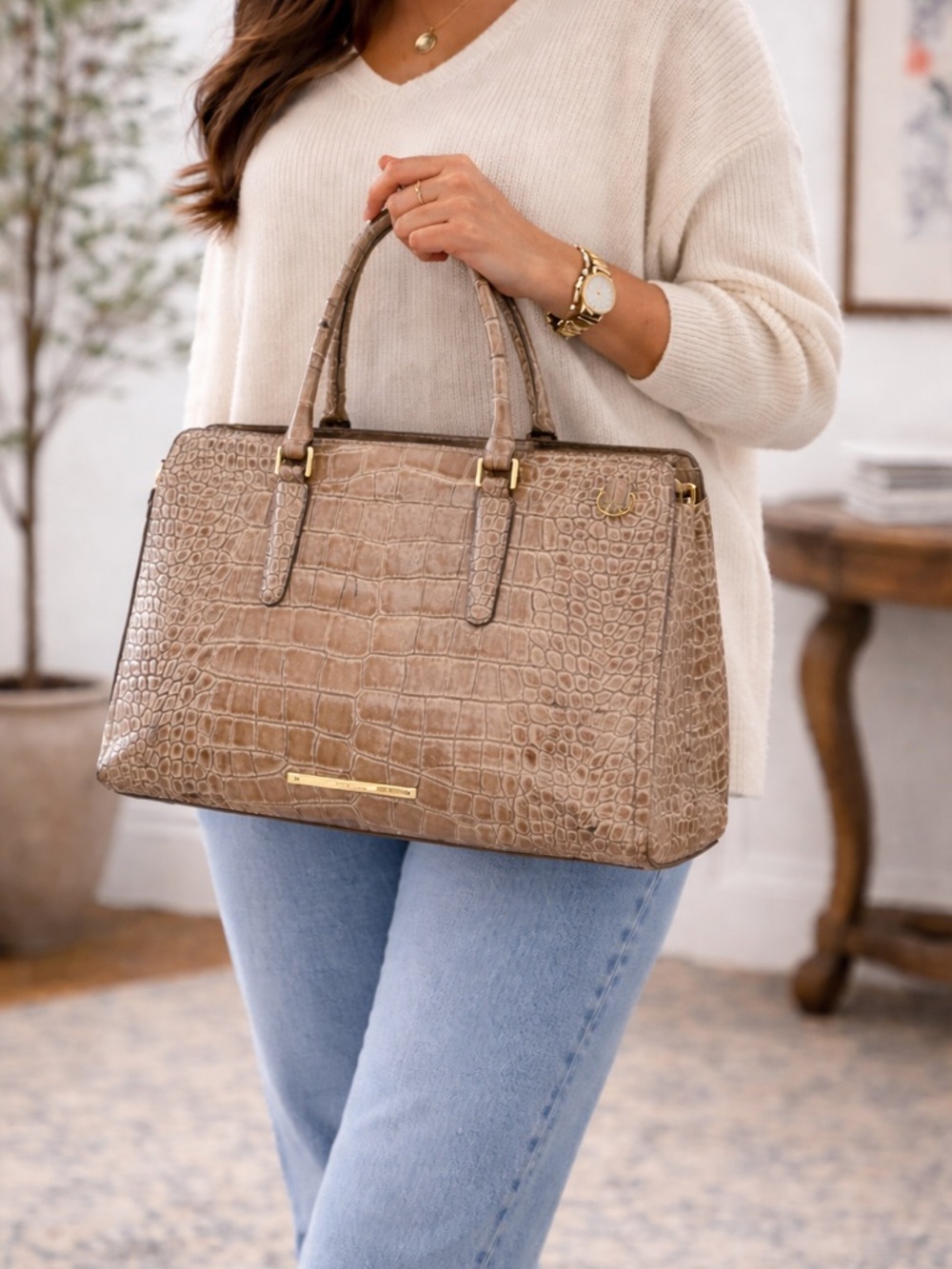 Brahmin Finley Carryall Croc Embossed Leather Taupe Melbourne Satchel Bag